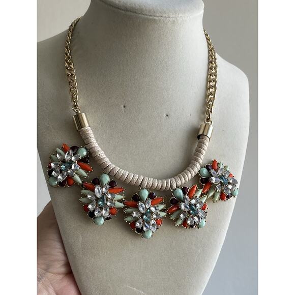 Colorful Jeweled Multicolor Orange Rhinestones Statement Bib Necklace 20” - Picture 1 of 6